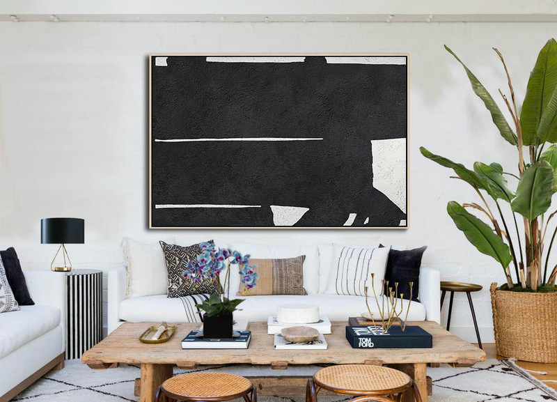 Large Oil Canvas Art,Hand Painted Oversized Horizontal Minimal Art On Canvas, Black And White Minimalist Painting - Large Abstract Wall Art